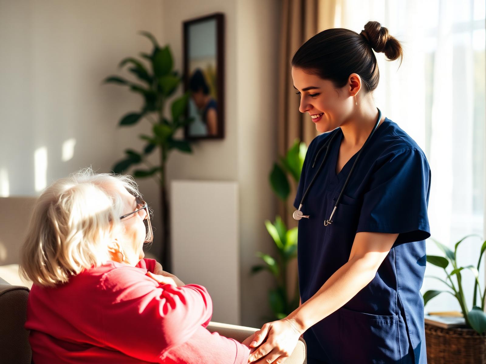 Caregiver in navy scrubs smiling with elderly woman at home
